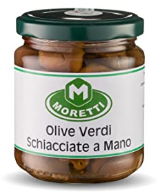 Moretti® Olive Verdi Schiacciate A Mano Calabresi, Olive Denocciolate Artigianali vasetto 180 grammi, Prodotto Tipico Calabrese