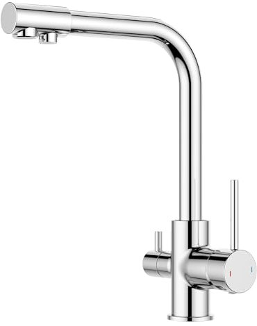 FORIOUS 3 Way Kitchen Tap with Drinking Filtered Water Outlet, Dual Lever Kitchen Sink Taps, Polished Chrome