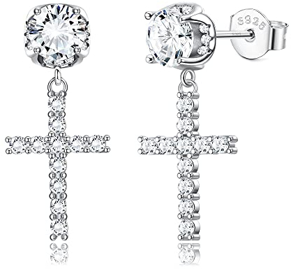KRFY Kreuz Ohrringe Sterling Silber Cubic Zirkonia Hypoallergene Ohrhänger 18K Weißgold Vergoldet Hip Hop Schmuck Iced Out Kreuz Ohrringe Hängend für Damen Herren
