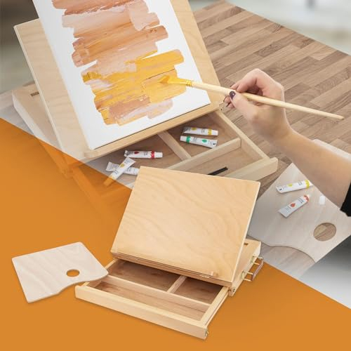 ECD Germany Chevalet de Table en Bois avec Tiroir et Palette, 33,5 x 26 cm, Compartiment de Rangement, Boîte à Croquis de Table, Pliable, avec Poignée de Transport, pour Débutants Étudiants Artistes