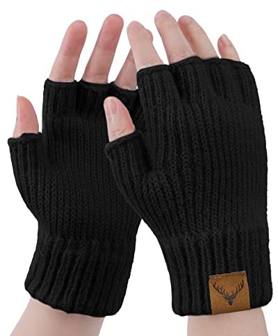 Hebenie Fingerlose Handschuhe Damen - Winter Warme Handschuhe ohne Finger Elch Halbe Handschuhe mit Zopfmuster Handschuhe Fingerlos für Damen Arbeiten Mädchen Laufen Fahren Radfahren