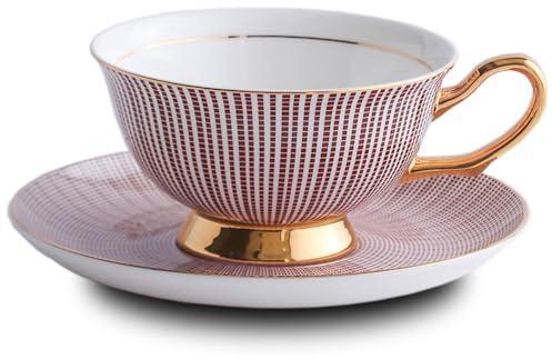 HUAMu Ensemble Tasse Soucoupe Porcelaine Anglaise à la Cendre d'os, Bone Chine Service à Thé Café,avec Cuillère,Vin rouge- 1 Set 200ml