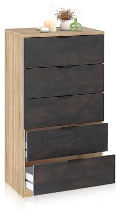 duehome | Comoda de 5 Cajones para Dormitorio, Modelo Akari, Acabado en Roble Canadian y Oxido, Medidas: 60 cm (Largo) x 110 cm (Alto) x 40 cm (Fondo)