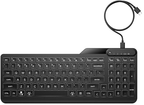HP Teclado retroiluminado con Cable 400 (Cable Ceniza) – Teclas iluminadas LED de Color Blanco cálido con 3 Niveles de Brillo – Diseño Delgado y portátil – 12 Teclas programables – Resistente a