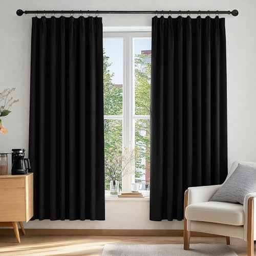 Deconovo Pencil Pleat Blackout Curtains Bedroom, Thermal Insulated Energy Saving Tape Top Curtains 84 Inch Drop, Super Soft Black Out Curtains, 66 x 84 Inch, Black, Two Panels