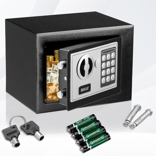 BAKAJI Cassaforte a Muro Numerica, Cassetta Porta Valori di Sicurezza da Armadio, Muro, Casa Albergo Hotel Safe, Chiavi di Emergenza (Nero, S 23 x 17 x 17 cm)