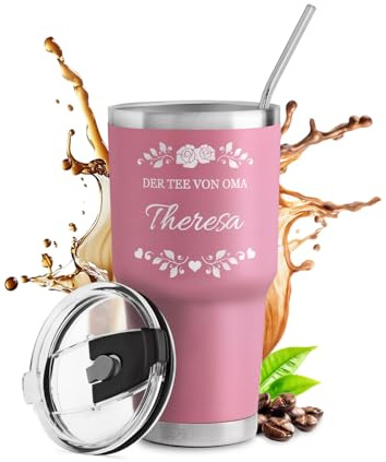 Maverton Edelstahl Kaffeebecher To Go mit Gravur 800 ml Rosa - Thermobecher mit 2 Strohhalmen & Reinigungsbürste - Geschenke für Frauen - personalisiertes Geschenk für Oma