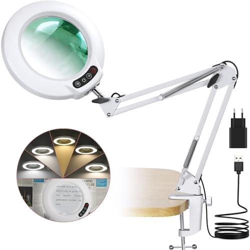 Veemagni 12X Lupe mit Licht, 5 Farbmodi Stufenlos Dimmbar, Verstellbarer Schwenkarm LED Beleuchtete Lupenleuchte mit Klemme, Hände frei Lupe mit Licht und Ständer für Malerei Schließen Arbeit- Weiß