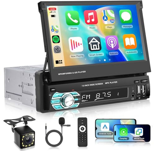 Hodozzy Single Din Flip Out Car Stereo Wireless CarPlay Android Auto,7 Inch HD Touch Screen Bluetooth 1 Din Car Radio with SWC Mirror Link FM Radio DSP USB/TF/AUX/MIC Remote Control+Reversing Camera