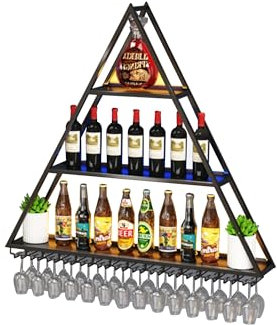 Weinregal Wand Metall Flaschenregal Schmal Wine Rack Bar Regal Wand Weinschrank Hausbar Barschrank mit Weinglashalteretränke Regal Mini Bar Vitrine Hängend mit Licht für Esszimmer Bartheke(113*123*20c