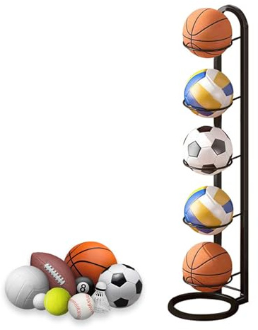 NUWIQ 5 våningar bollstativ, bollhylla, vertikal bollförvaring, bollställ, bolldisplay stativ för basket, fotboll, volleyboll, svart