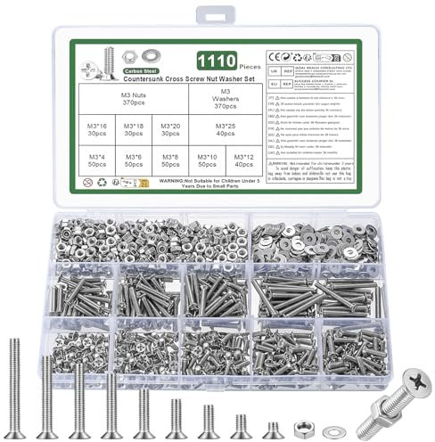 1110 Pcs M3 Screws Set, Countersunk Bolts and Nuts, Flat Head Machine Screw Nut and Bolt with Washers, Cross Head screws bolts and nuts Assortment Kit(M3, Silver)