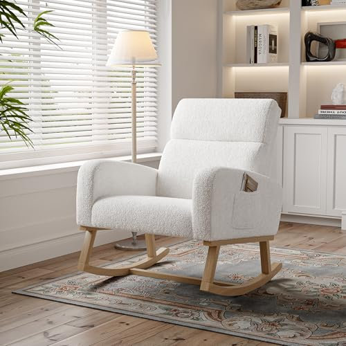 PerGar Schaukelstuhl Sessel, Teddystoff Relaxsessel Schaukelsessel mit Seitentaschen und Massivholzsockel, Relaxstuhl für Wohnzimmer, Schlafzimmer, Kinderschaukelstuhl, Sherpa, Weiß