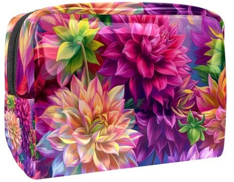 Sacs À Cosmétiques pour Femmes Fleurs De Dahlia Colorées Trousse De Maquillage Trousse De Toilette De Voyage Organisateur De Cosmétiques 18.5x7.5x13cm