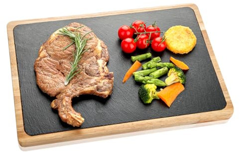 HALE OTEIR Pizarra para servir de madera, bandeja de madera de acacia con pizarra, juego de tabla de queso, platos de pizarra, plato para buffet, plato de queso, perfecto para antipasti