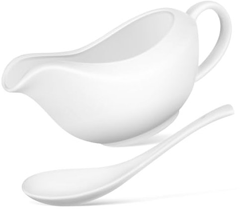 Cabilock Salsera De Cerámica Blanca Con Cucharón Para Salsa, Resistente a Altas Temperaturas, Capacidad Moderada, Apta Para Uso Cocina y Mesa, Incluye Cuchara