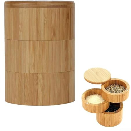 Salero de madera de 3 niveles con tapa magnética y cuchara, caja de madera para sal, caja de almacenamiento de sal y pimienta de 3 capas para sal y especias, recipiente redondo, utensilios de cocina