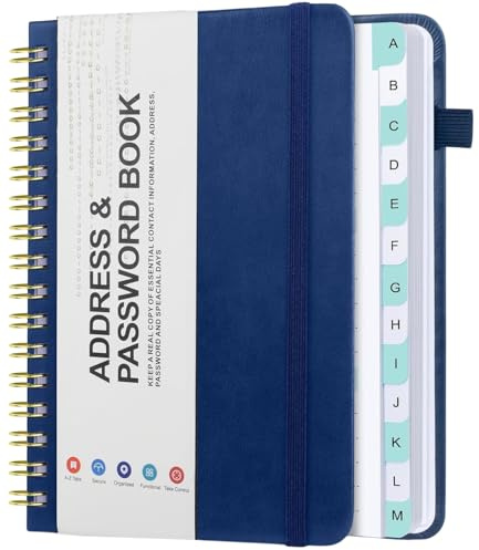 Address and Password Book with Alphabetic tabs, Address Organizer with Spiral Binding Hardcover Telephone Book Password Keeper Password and Address Management (12 x 14.5cm, Blue)
