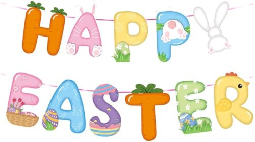 Adornos Pascua Decoracion Happy Easter Banderolas Pancarta Pascua de Resurrección Conejito, Huevos de Colores, Pollitos, Zanahorias para Colegios, Fiestas en Casa