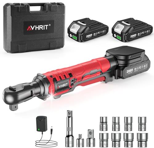Avhrit Clé à cliquet sans fil 3/8,Max 120Nm, Cliquet Électrique avec LED, 2x 2.0Ah Batteries, Coffret de 11 Douilles——Idéal pour auto et bricolage