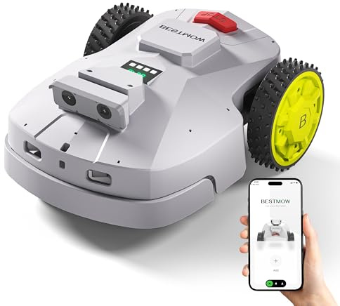 BESTMOW Tondeuse à gazon robot ultra silencieuse de 1,5 acre, hauteur de coupe jusqu'à 4 pouces, tondeuse robotique avec RTK+4 vision oculaire, technologie de cartographie et antivol