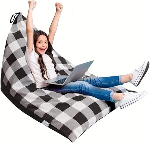 Ianulus Stuffed Animal Bean Bag Chair Kids Toy Storage Organizer Stuffie Seat, Adult Arm Chair Bean Bag Cover Child Size Toy Storage Bag, Premium Canvas No Filling (Checkered)