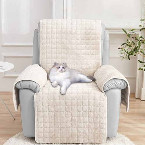 Recliner Chair Covers with Pockets - Soft Washable Waterproof Armchair Slipcovers with Adjustable Straps Buckles, Furniture Protector for Pets & Kids Reclining Chair and Electric Chair Cover (White)