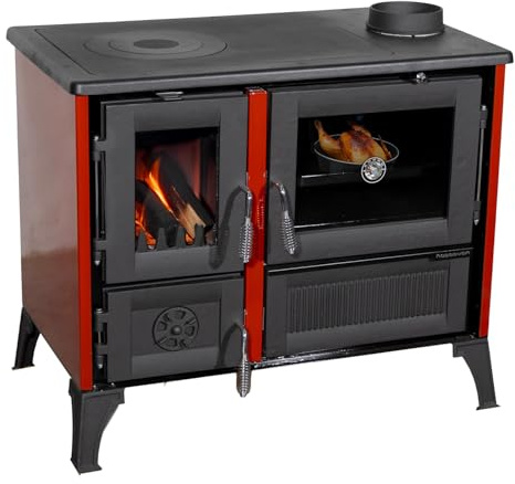 Kaminofen mit Backfach und Herdplatte 4013 Rot Holzofen 8 kW Holz Ofen Mehrfachbelegung Kamin Heizofen Küchenherd