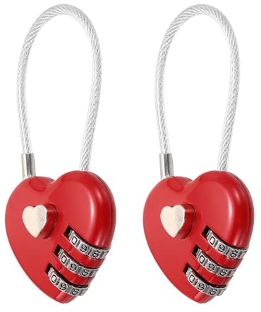 M METERXITY 2-Pack Combo Padlock Heart 3-Digit Password, Red | Zinc Alloy Cable Luggage Combo Lock, for Suitcase, Gym Locker, Backpack, Outdoor Keyless Lock