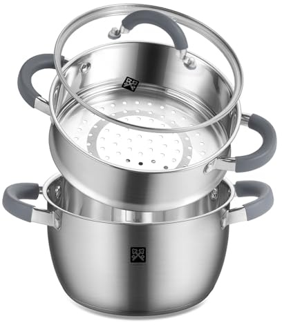 GOLDEN KEY 3.2 QT Steamer Pot With Lid - 2-Tier 18/8 Stainless Steel，Multipurpose Steaming Cookware with Vegetable Steam Basket, Oven & Dishwasher Safe, Triple Bottom for Even Heating, Perfect for Dumplings, Seafood and Vegetables