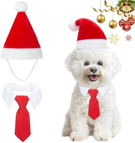 MELLIEX 2 Stück Weihnachten Hundekostüm, Hunde Katzen Weihnachtsmützen und Krawatte Weihnachtskostüm Zubehör Set für Haustier
