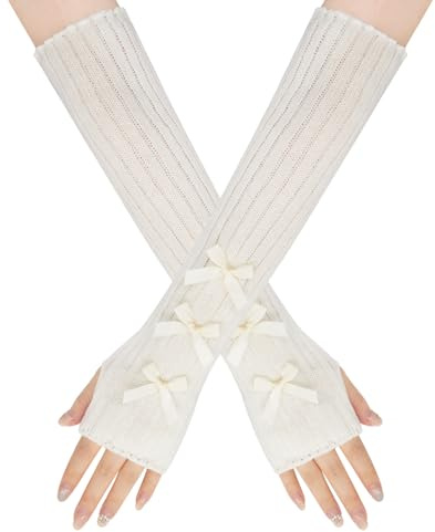 LJCZKA Cute Y2k Arm Warmers Fingerless Gloves for Women,Knitted With Bow Winter Arm Sleeve Japanese Harajuke Cosplay Gloves