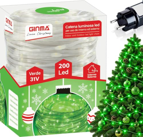 GINMA - Luci Natale LED Interno e Esterno con 8 Effetti Luce, Certificate IP44, Basso Consumo e Impermeabili - Cavo Trasparente (Verde Smeraldo, 14 Metri (200 LED))