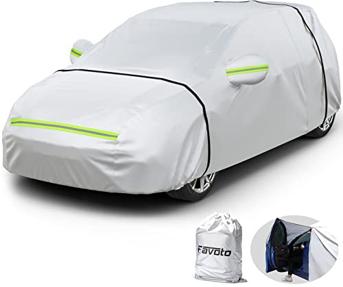 Favoto Funda para Coche para Exteriores, Resistente al Agua, al Polvo, a los arañazos, para Invierno y Verano, con Cremallera y reflectores para Hatchback, 350-380 cm