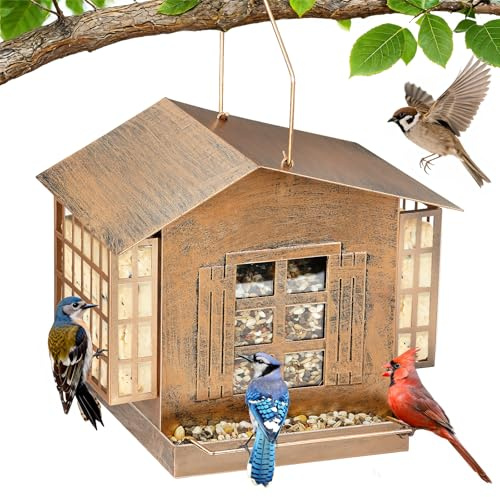 Bird Feeders for Outdoors, Bird Feeder with Double Suet Holders, 2 in 1 Mixed Seeds Suet Feeder for Outside, Weatherproof Metal Roof, Easy to Refill&Clean, 5LB Large Seed Capacity