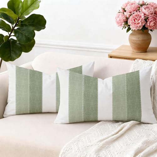 Brylleii Juego de 2 Rayas Funda de Cojíns Decorativas 30 x 50 Moderna Blanco Funda de Almohada Verde Salvia Lino Cojine Decorativas Retro para Sofá Primavera Verano Exterior Jardin Patio