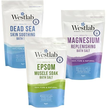 Westlab Health Collection Bath Salts Bundle (3 x 1 kg Bags) – 1 x Epsom Muscle Soak, 1 x Dead Sea Skin Soothing & 1 x Magnesium Replenishing Salts