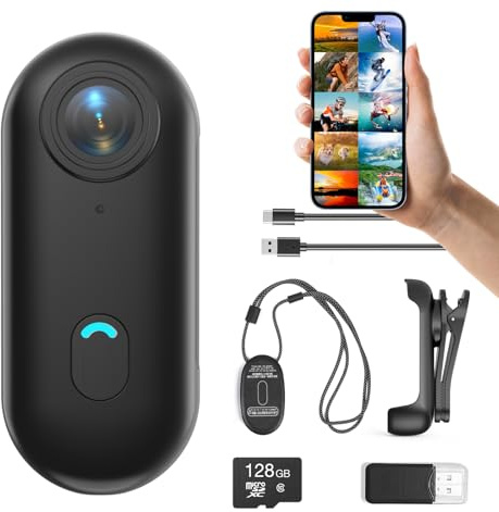 FOUKWAKC H7 128GB 1080P Thumb Action Camera, Mini Body Cameras, Wearable Pocket Vlogging Camera with Magnetic Lanyard, Small Portable Body Cam Helmet Cam for Work, Cycling, Travel, Pet Walking(128G)