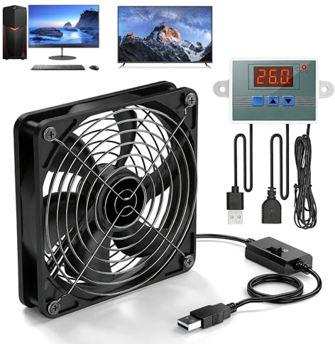 140 mm fläkt, hemmabiofläkt med digital temperaturregulator, USB-fläkt, 5 V-fläkt med 3 justerbara hastigheter, kylfläkt för hemmabio AV-skåp, TV-skåp, serverskåp