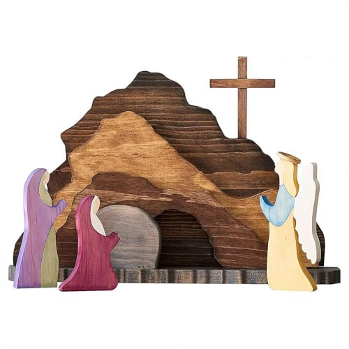 12 Pcs Easter Resurrection Scene Set Wooden Religious Jesus Nativity Scene Decorations Wood Christian Empty Tomb Cross Figures Table Decor for Easter Home Office Crafts Tabletop Decorations