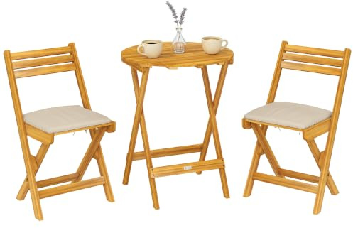 Outsunny Balkonmöbel Set 3 Teilig Akazienholz Gartenmöbel Naturholz | Klappbar, Runder Tisch, 2 Stühle, Sitzkissen, Atmungsaktiv Lamellsitz, Balcony Furniture Sitzgruppe, Für Garten Balkon