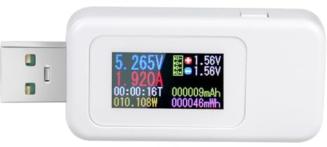 Tester USB Misuratore di Corrente Voltmetro Amperometro Tester di Tensione, Display a Colori, DC4-30V 0-6.5A, Multifunzionale, Rilevatore di Caricabatterie, Bianco