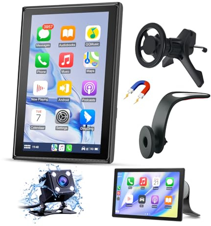 Junsun Pantalla para Coche 7 con CarPlay/Android Auto Inalámbrico, Pantalla Táctil con Soporte Magnético, Bluetooth, MirrorLink, FM y Cámara Trasera