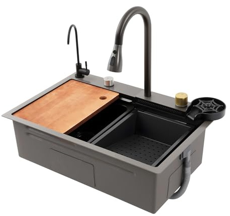 Evier Cuisine Multifonction, Lavabo Cuisine Equipee Complete, 68*45*21cm | évier Cascade En Acier Inoxydable, Waterfall Kitchen Sink, Avec Panier D'égouttage Et Robinet Extractible