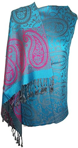 World of Shawls Femmes Floral Motif Cachemire Bordés Pashmina Touché Châle Écharpe Étole Luxueusement Chaud Confortable et Touché Soyeux - Turquoise/Fuchsia, 71 x 203cm