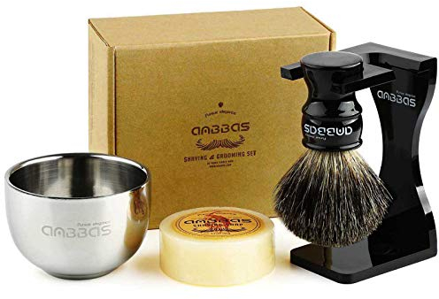 Anbbas Rasierset mit Schale Herren Geschenk Set Dachshaar Rasierpinsel Handarbeit Rasierständer Rasierseife aus Ziegenmilch