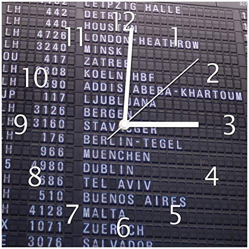 Wallario Design-Wanduhr Flughafen Abflugtafel aus Glas, Motiv-Uhr Größe 30 x 30 cm, weiße Zeiger