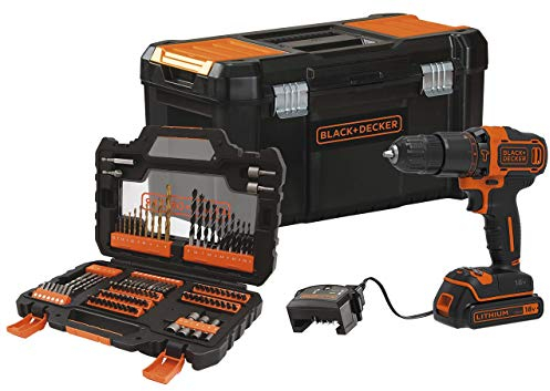 Black+Decker Akku-Schlagbohrschrauber (18V 1,5Ah, mit 2-Gang Getriebe, variable Drehmomentvorwahl, inkl. 104tlg. Zubehör im Koffer, Werkzeugkoffer, 2x Akkus, 400mA Ladegerät) BDCHD18S1KA
