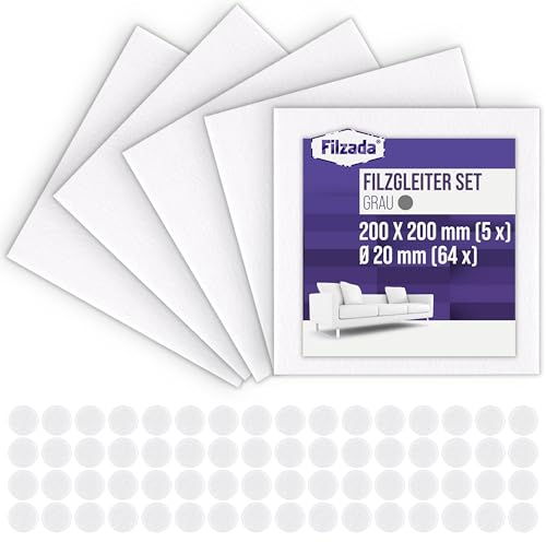 Filzada® Fieltro Adhesivo XXL Set (5X 200x200 mm + 64 Ø 20 mm) - Almohadillas de Fieltro Adhesivo - Blanco - Deslizadores para Muebles