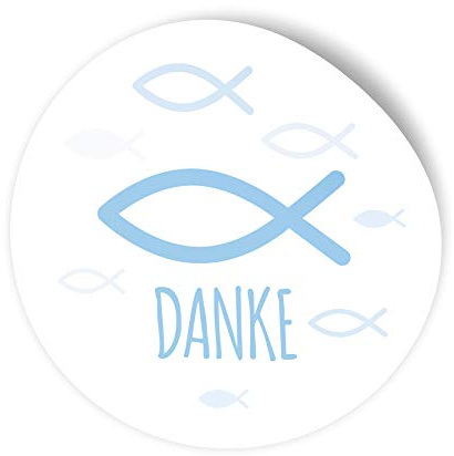 itenga 100x Sticker Aufkleber I Fisch Danke Hellblau I zum Basteln von Gastgeschenken I für Taufe, Kommunion, Konfirmation oder Firmung I 4,0 cm rund
